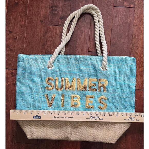 Beach Bag Summer Vibes Metallic Turquois Canvas Tote Sequin Vacation - Picture 7 of 7